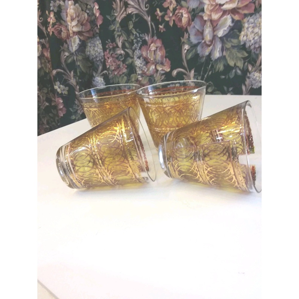 Vtg Georges Briard Cocktail  Glasses 4 Low Ball Mid Century Modern Gold Swirl